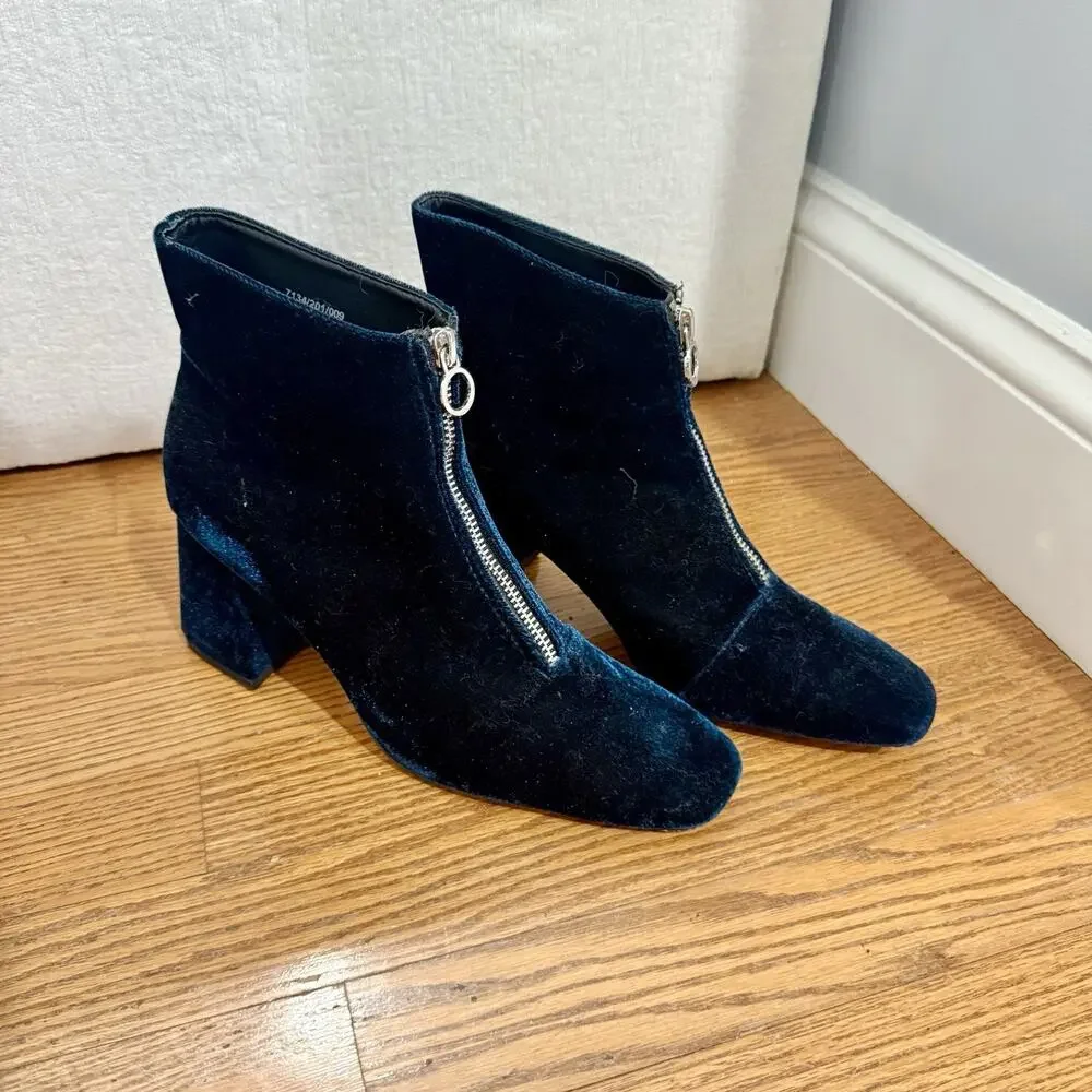 Zara Trafaluc Blue Suede Velvet Ankle Boots Front Zip Shoes EU 39 Quiet Luxury